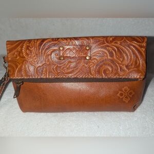 Patricia Nash Valerie Fold Over Embossed Brown Leather Clutch Wristlet.